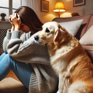 כלב טיפול יושב ליד אדם עם דיכאון, מספק תמיכה רגשית.