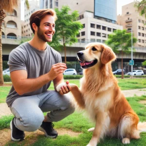 מאלף כלבי טיפול עובד עם כלב גולדן רטריבר במהלך אימון.